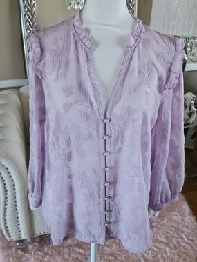 Anthropologie Lavender Floral Ruffle-Shoulder Button Blouse